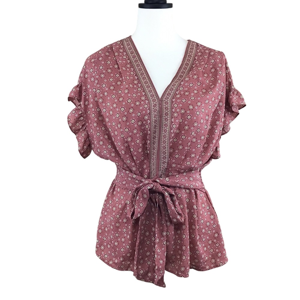 Max Studio Mauve Floral Ruffle‎ Sleeve Peplum Tie Waist Blouse Large